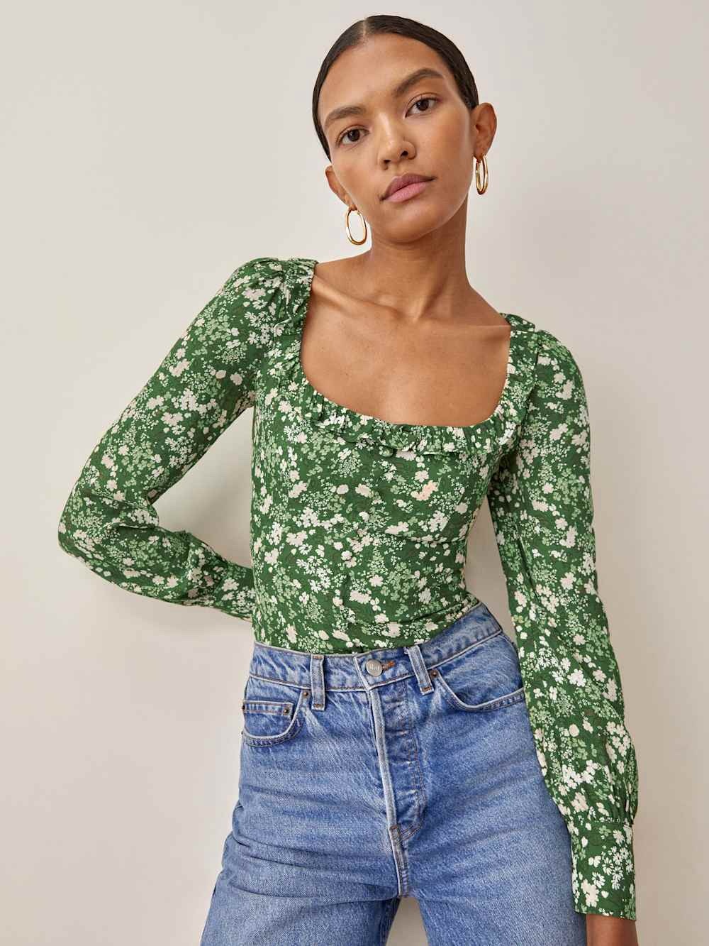 Reformation. Jon Top. Green & White Floral. Size 2.